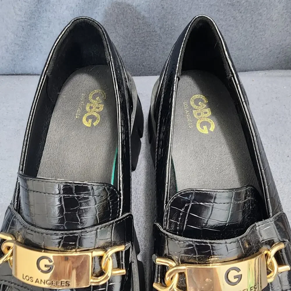 GBG Guess Womens Shoes 9M Black Gold GGCOLLIE Chunky Platform Loafers 90s Y2K